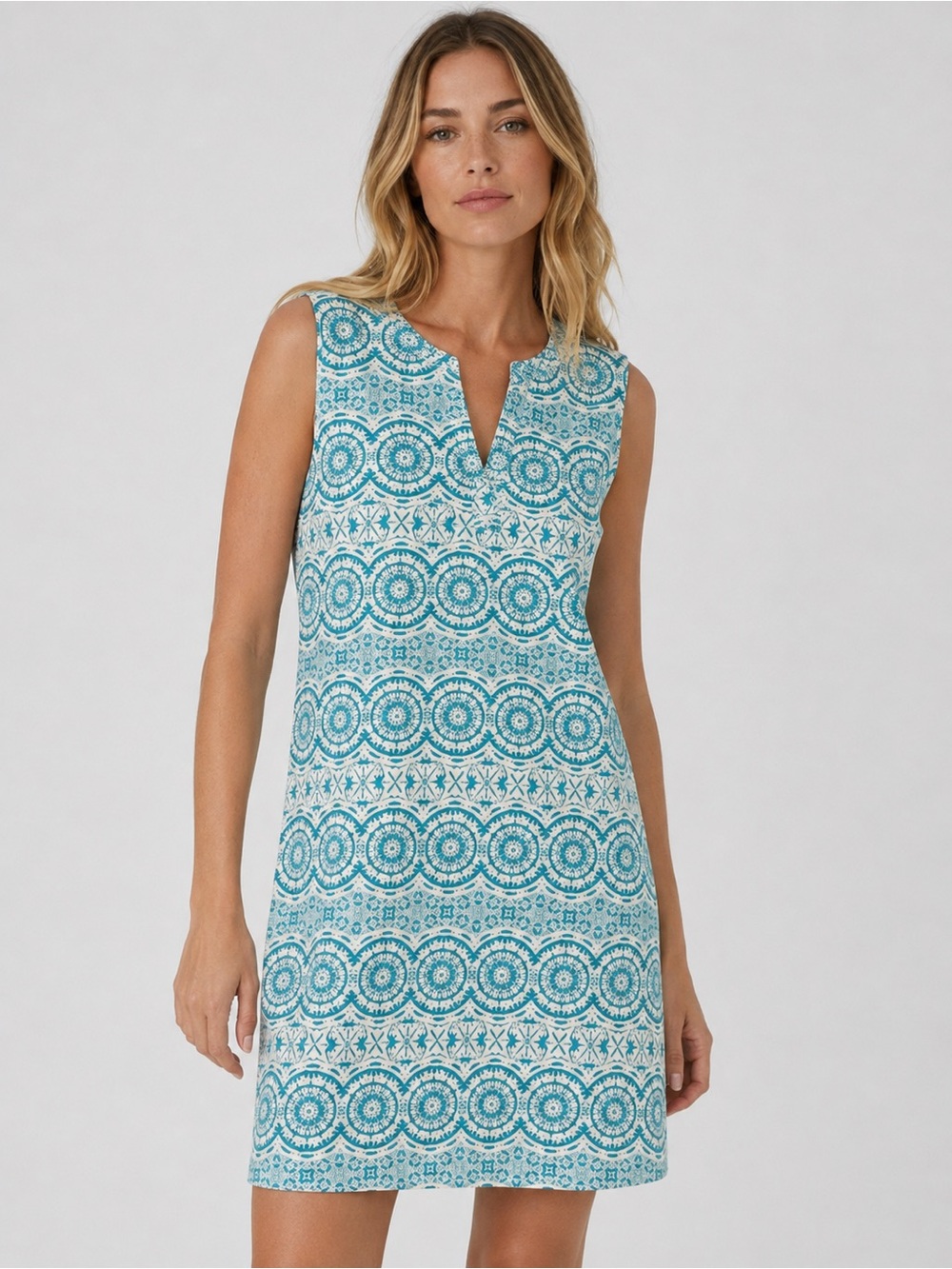 Caribbean Joe Women’s Sleeveless Teal & White Geometric Shift Dress